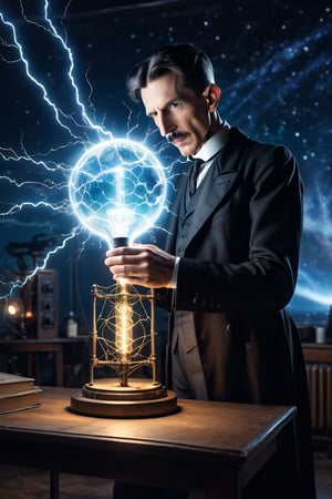 8K, UHD, wide-angle perspective, photo-realistic, cinematic, photo of (real Nikola Tesla:1.2) experimenting with frequencies, testing the earth's ether, Wardenclyffe Towers passing electricity wirelessly, auroras in earths ionosphere, night skies, amazing lights, transmitting energy