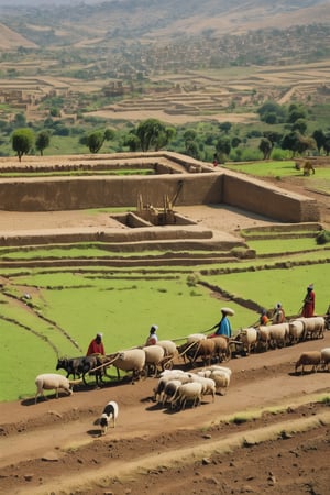 8K, UHD, portrait, full_body perspective, photo-realistic, cinematic, photo of ancient ethopia farmers plowing land, green farm, 800 BCE, dark skin, perfect composition, beautiful detailed intricate ancient Lalibela style fashion, detailed patterned fabric headwear, stone jewelry, perfect light, masterpiece, extravagant city of Aksum palace, stone churches, Sabean architecture, obelisk with carvings, Aksumite Civilizations, sheeps