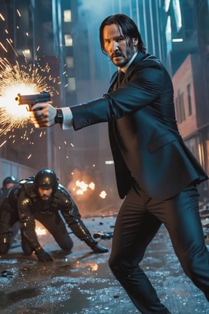 8K, UHD, first-person low-angle perspective, panoramic, photo-realistic, cinematic, destopian lighting, John Wick with pistol, spark from pistol, bullets flying, shooting at multiple enemies in armoured suit, fighting scene from John Wick movie