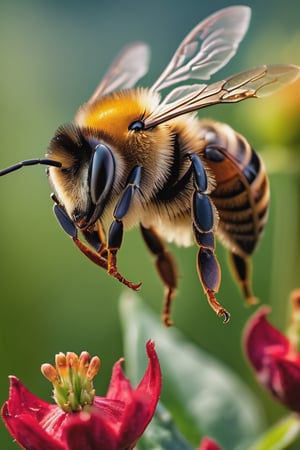 8K, UHD, super macro shot, ultra clear subject,   photo-realistic (bee hovering on plant:1.2) dramatic crop, ƒ/0.8, depth_of_field, 1/2000 shutter speed, super detailed, focus on eyes, insane details, blur background, magnification of 400x, flower