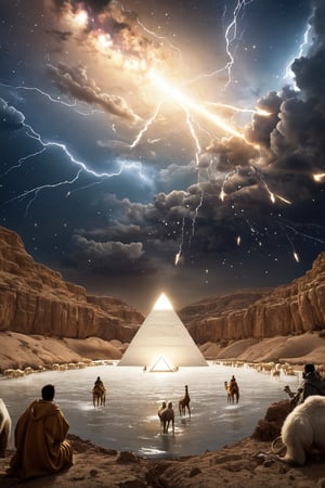8K, UHD, low-angle ground view, hyper-realistic, cinematic, first-person perspective, (white seamless Agate marble:1.1) single polished smooth surface pyramid, pure gold capstone tip, narrow canal of water across dessert, lightning sparks emitting from tip, shepherds in robes and hoodie herding camels, perfect lighting, stunning, dim skies, constellations clearly seen in skies, cosmic alignment 