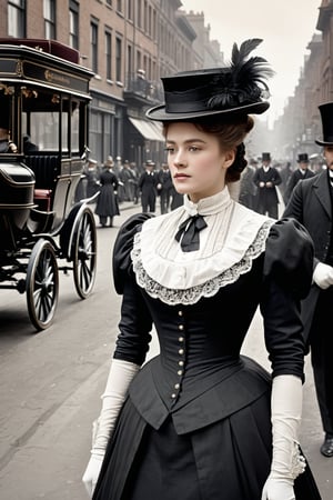 8K, UHD, medium format, photorealistic, portrait, black and white photo, B&W, Edwardian Era, early 1900s fashion, year 1896, (victorian women in the streets:1.1) busy 19th Century streets, horse-carriages and men