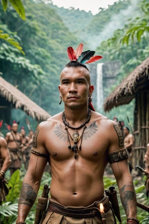 8K, UHD, full_body perspective shot, portrait, photo-realistic, cinematic, ancient mohicans civilization, multiple tribe members, villagers, tribe village in the jungle, ultra-detailed, weapons, close to nature, perfect lighting, peaceful, tranquil, vintage photo feel, tattoos, dirt face, depth of field, bokeh