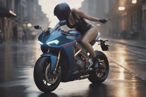 8K, UHD, (rear view of motorbike) sleek, sportsbike with big Akrapovic exhaust. (girl bend over riding:1.1) no helmet, sleeveless, torn denim, wide low angle view, intense close-up, wet city streets, cinematic, volumetric lighting, dusk, ambient occlusion, p3rfect boobs