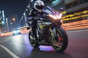 8K, UHD, low angle shot, photo-realistic, cinematic, dramatic angle crop, night street scene, slow shutter speed, big motorbike banking very low on a bend, eyes seen through helmet, beautiful 1600cc futuristc bike with neon lights, focused look, depth of field, small sparks, chased by police car in background