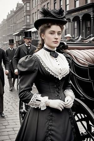 8K, UHD, medium format, photorealistic, portrait, black and white photo, B&W, Edwardian Era, early 1900s fashion, year 1896, (victorian women in the streets:1.1) busy 19th Century streets, horse-carriages and men