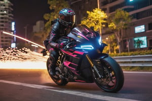 8K, UHD, low angle perspective shot, photo-realistic, cinematic, dramatic angle crop, night street buildings scene with neon streaks, dark night, slow shutter speed, (big motorbike banking very super low:1.1) knee touching road, eyes seen through helmet, rider wearing gp racewear, beautiful 1800cc futuristic bike with neon lights, skid and fall, depth of field, small sparks on wheel, smoke on back wheel (serious explosions in background:1.2)