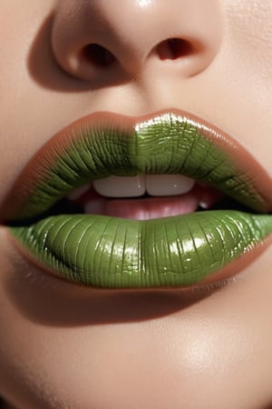 8K, UHD,  macro view, perspective. ultra-detailed, photo-realistic, (female lips:1.1) realistic skin texture and natural skintone, pores, cinematic, crop lips only, beautiful. random green lipstick colour