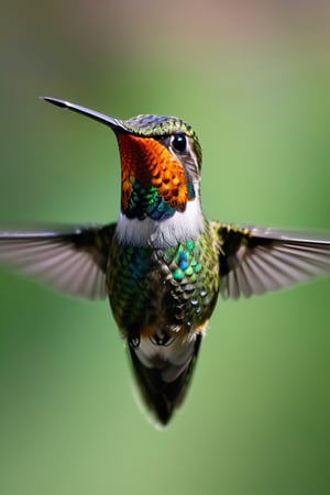 8K, UHD, perspective macro shot, photo-realistic, hummingbird flying towards camera (head-on:1.2) centered, looking straight ahead, perfect lighting, speed movements, slow shutter speed, motion blur, symetrical
