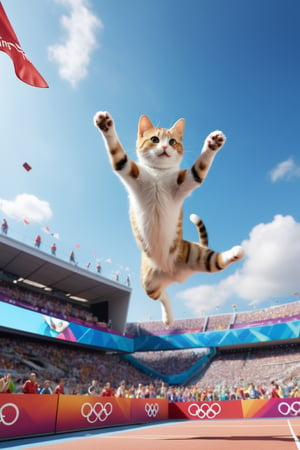 8K, UHD, low-angle perspective, panoramic, photo-realistic, first-person view, cinematic, olympics cats competing in high jump, olympics billboards, crowd in background blur