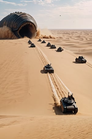 8K, UHD, low-angle perspective, panoramic, photo-realistic, first-person view, cinematic, scene from dune movie, sand dust, many Harkonnen army base, Harkonnen soldiers carry weapon shooting sandworm, hovercrafts in skies, many harvesters