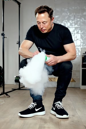 8K, UHD, wide-angle perspective, photo-realistic, cinematic, Elon Musk spraying deodorant into shoes, ultra fine vapour,  word "Musk" on bottle