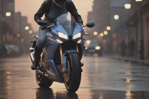 8K, UHD, (rear view of motorbike) sleek, sportsbike with big Akrapovic exhaust. (girl bend over riding:1.1) front wheel off ground wheelie, no helmet, sleeveless, torn denim, wide low angle view, intense close-up, wet city streets, cinematic, volumetric lighting, dusk, ambient occlusion, p3rfect boobs