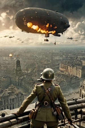 8K, UHD, panaromic perspective, photo-realistic, cinematic, female german soldier, first-person-view from top of building, photo of many german steampunk blimps in sky, many fighter aircrafts, volumetric cinematic dark light, vintage tinted, dystopian lighting, masterpiece, dark clouds, world war 2, perfect composition, pilot with gas mask in blimp, dystopian skies, old photograph colour, war scene, battle, nazi soldier, tall building, devastation below, demolished buildings, multiple explosions, bombs dropping