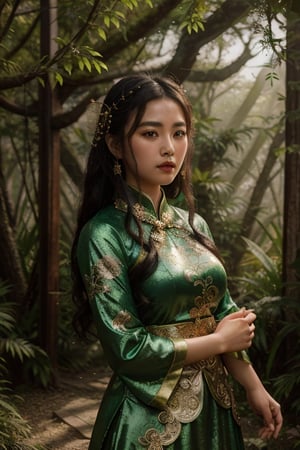 dreamlike movie portrait of beautiful chinese sexy wuxia girl wushu pose in a magical forest, surreal fantasy, highly detailed, in picturesque treetops. Forlorn. Long Exposure. cinematic, atmospheric lighting, detailed foliage, surreal atmosphere, intricate wuxia costume, chiffon
