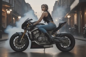 Rear view of sports motorbike, sportsbike with big Akrapovic exhaust. (ultra-realistic girl:1.1) (bend over riding) no helmet, sleeveless leather, cleavage, short torn denim, wide low angle view, intense close-up, wet city streets, cinematic, volumetric smoke, dusk, ambient occlusion,aesthetic portrait,score_9