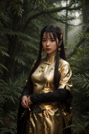 dreamlike movie portrait of beautiful chinese sexy wuxia girl armed with chinese sword in a magical forest, surreal fantasy, highly detailed, in picturesque treetops. Forlorn. Long Exposure. cinematic, atmospheric lighting, detailed foliage, surreal atmosphere,