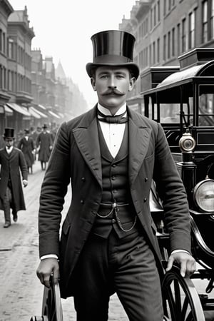 8K, UHD, medium format, photorealistic, portrait, black and white photo, B&W, Edwardian Era, early 1900s fashion, year 1896, (victorian man in the streets:1.1) busy 19th Century streets, horse-carriages and men, vintage gasoline-powered vehicle in background
