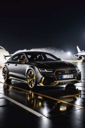 8K, UHD, wide angle side view of (audi RS7), futuristic car in vanta black, gold ornate decals, in almost dark outdoors, on runway tarmac, (intense close-up view of aircraft flying very low:1.2) cinematic, total darkness, (totally dark background:1.1), volumetric mist, ambient occlusion, 