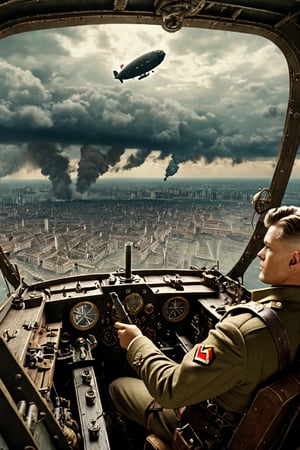 8K, UHD, panaromic perspective, photo-realistic, cinematic, male german soldier in airship cockpit, first-person-view from airship, photo of many german steampunk blimps in sky, many fighter aircrafts, volumetric cinematic dark light, vintage tinted, dystopian lighting, masterpiece, dark clouds, world war 2, perfect composition, dystopian skies, old photograph colour, war scene, battle, nazi soldier, tall building, devastation below, demolished buildings, multiple explosions, bombs dropping