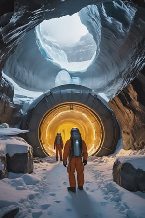 8K, UHD, wide-angle perspective, photo-realistic, cinematic, dystopian misty skies, antarctica secret snow base, 5-storey tall futuristic time capsule, explorers and scientists in winter suit standing in massive underground cave, underworld filled with ancient technology, reflective sky mirroring the actual world on the ground, center of the earth, creepy caves, secret undiscovered world, experimental excavation equipments, prehistorical mystery creatures