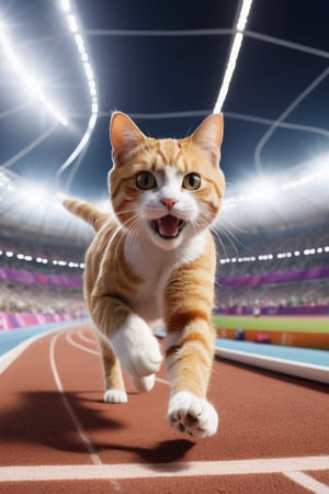 8K, UHD, low-angle perspective, panoramic, photo-realistic, first-person view, cinematic, olympics cats competing in the 100m track-and-fields