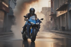 Rear view of sports motorbike, sportsbike with big Akrapovic exhaust. (ultra-realistic gal:1.1) (bend over riding) no helmet, sleeveless leather, cleavage, short torn denim, wide low angle view, intense close-up, wet city streets, cinematic, volumetric smoke, dusk, ambient occlusion,aesthetic portrait