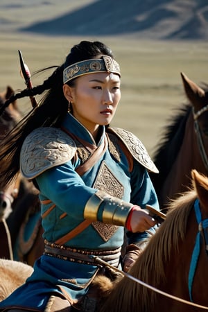 8K, UHD, panaromic shot, photo-realistic, cinematic, photo of ancient mongolians, multiple mongol warriors, tanned skin, perfect composition, detailed intricate ancient mongolian fashion, beautiful female fighters shooting bows and arrows, swords, war scene, battle, detailed patterned headwear, fur, riding horses, volumetric cinematic dark light, dystopian lighting, masterpiece, tents, charging on horses, gobi desert.