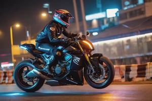 8K, UHD, low angle shot, photo-realistic, cinematic, dramatic angle crop, night street buildings scene with neon streaks, dark night, slow shutter speed, (big motorbike banking very super low:1.1) knee touching road, eyes seen through helmet, rider wearing gp racewear, beautiful 1800cc futuristc bike with neon lights, focused look, depth of field, small sparks on wheel, smoke on back wheel, wild chased by emergency vehicle in background