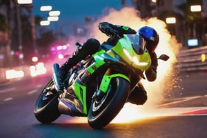 8K, UHD, low angle shot, photo-realistic, cinematic, dramatic angle crop, night street buildings scene with neon streaks, slow shutter speed, (big motorbike banking very super low:1.1) knee touching road, eyes seen through helmet, rider wearing gp racewear, beautiful 1800cc futuristc bike with neon lights, focused look, depth of field, small sparks on wheel, smoke on back wheel,  chased by law enforcement car in background