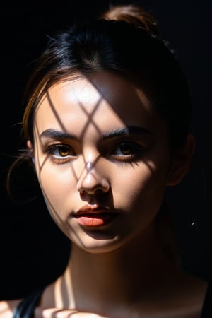8K, UHD, Fujifilm XT1, angled perspective portraits, photo-realistic, show face only, pretty girl in front of black background, (shapes light cast on face:1.1) geometrical harsh natural highlights on face, intense sunlight shining through geometrical pattern template casting light shadows