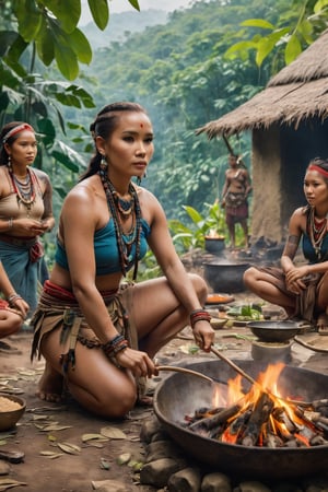 8K, UHD, full_body perspective shot, portrait, photo-realistic, cinematic, ancient mohicans civilization, multiple tribe members, female villagers cooking, clothed, tribe village in the jungle, close to nature, perfect lighting, peaceful, tranquil, stray dogs, vintage photo, tattoos, dirt face, depth of field, bokeh, mosaic nips