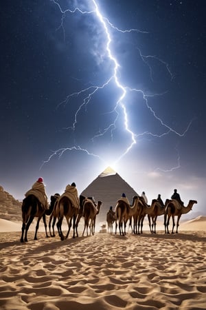 8K, UHD, low-angle ground view, hyper-realistic, cinematic, first-person perspective, (white seamless Agate marble:1.1) single polished smooth surface pyramid, pure gold capstone tip, narrow canal of water across dessert, lightning sparks emitting from tip, shepherds in robes and hoodie herding camels, perfect lighting, stunning, dim skies, constellations clearly seen in skies, cosmic alignment 