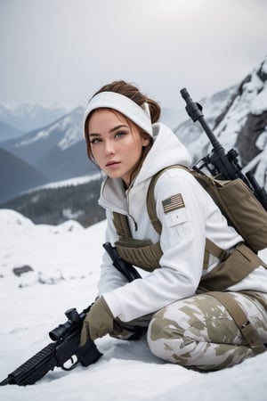 8K, UHD, cinematic, photo-realistic, detailed freckled face, 3/4 back perspective view, (girl sniper:1.1) (white snowwear with hoody:1.1) (white sniper rifle:1.1) Barrett MRAD, white camouflage pants, white backpack, (laying down prone:1.1) on snowy mountain, target crosshair, under white camouflage net, aiming at enemy platoon,  masterpiece, aesthetic, depth, heavy snow fall, atmospheric mist, hazy environment