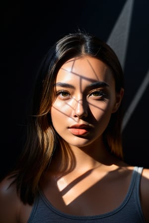 8K, UHD, Fujifilm XT1, angled perspective portraits, photo-realistic, show face only, detailed eyes, pretty girl in front of black background, (geometric light cast on face:1.2) geometrical harsh natural highlights on face, intense sunlight shining through geometrical shapes casting light shadows