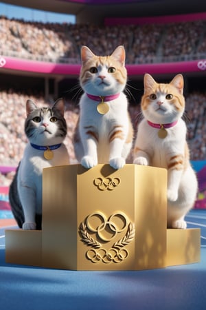 8K, UHD, low-angle perspective, panoramic, photo-realistic, first-person view, cinematic, three cats acting in olympics 2024 podium