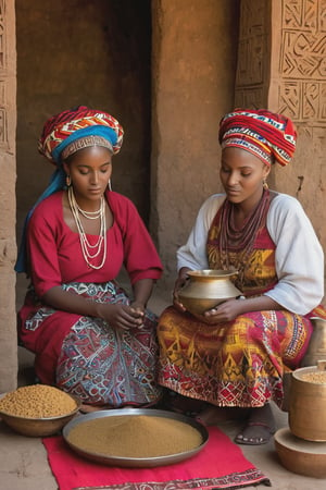 8K, UHD, portrait, full_body perspective, photo-realistic, cinematic, photo of ancient ethopia women cooking at home, 800 BCE, dark skin, perfect composition, beautiful detailed intricate ancient Lalibela style fashion, detailed patterned fabric headwear, stone jewelry, perfect light, masterpiece, extravagant city of Aksum palace, stone churches, Sabean architecture, obelisk with carvings, Aksumite Civilizations, children