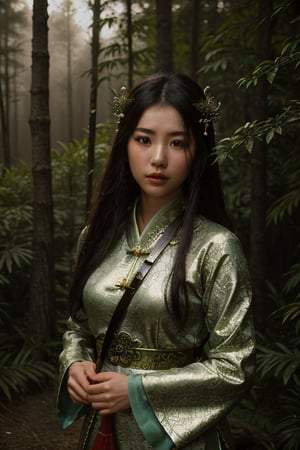 dreamlike movie portrait of beautiful chinese sexy wuxia girl in a magical forest carrying a chinese sword, surreal fantasy, highly detailed, in picturesque treetops. Forlorn. Long Exposure. cinematic, atmospheric lighting, detailed foliage, surreal atmosphere, photo-realistic portrait, t5_face