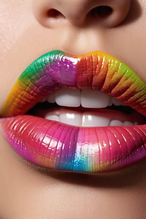 8K, UHD,  macro view, perspective. ultra-detailed, photo-realistic, (female lips:1.1) realistic skin texture and natural skintone, pores, cinematic, crop lips only, beautiful. rainbow lipstick colour