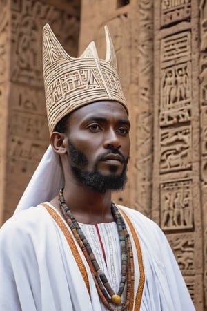 8K, UHD, portrait, full_body perspective, photo-realistic, cinematic, photo of ancient ethopia priest, 800 BCE, dark skin, perfect composition, beautiful detailed intricate ancient Lalibela style fashion, detailed patterned fabric headwear, stone jewelry, perfect light, masterpiece, extravagant city of Aksum palace, stone churches, Sabean architecture, obelisk with carvings, Aksumite Civilizations, pet fox