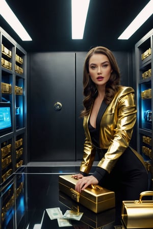 8K, UHD, panaromic candid movie shot, photo-realistic, cinematic, (spy girls:1.1) realistic skintexture, overlapping, spacious, bank safe vault, gold, black sports car, briefcase, millions of dollars, holographic screen airscreen, bank heist scene, opening vault, biometric, eyescan, turning safe number dial