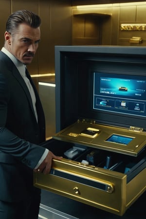 8K, UHD, panaromic candid movie shot, photo-realistic, cinematic, (spies:1.1) realistic skintexture, biometric, eyescan, safe dial, overlapping, spacious, bank safe vault, gold, black sports car, briefcase, millions of dollars, holographic screen airscreen, spy heist scene, robbers stealing the money