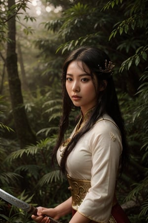 dreamlike movie portrait of beautiful chinese sexy wuxia girl in a magical forest holding a sword and sheath, wushu pose, surreal fantasy, highly detailed, in picturesque treetops. Forlorn. Long Exposure. cinematic, atmospheric lighting, detailed foliage, surreal atmosphere, intricate wuxia costume