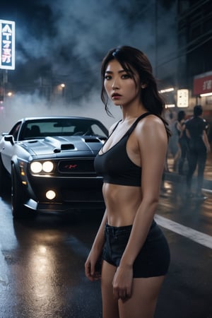 8K, UHD, low-angle perspective (portrait of girls:1.1) photo-realistic, cinematic, dystopian lighting, dark atmosphere, japanese street racing,  muscle cars, speed chase, smoke, mist