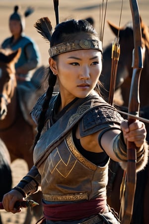 8K, UHD, panaromic shot, photo-realistic, cinematic, dark light, dystopian lighting, photo of ancient mongolians, female drawing arrow, multiple mongol warriors, tanned skin, perfect composition, detailed intricate ancient mongolian fashion, fighters shooting bows and arrows, swords, war scene, battle, detailed patterned headwear, fur, riding horses, sand volumetric, masterpiece, tents, charging on horses, gobi desert.