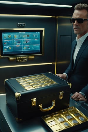 8K, UHD, panaromic candid movie shot, photo-realistic, cinematic, (spies:1.1) realistic skintexture, biometric, eyescan, safe dial, overlapping, spacious, bank safe vault, gold, black sports car, briefcase, millions of dollars, holographic screen airscreen, spy heist scene, robbers stealing the money