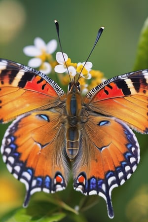 8K, UHD, super macro shot, ultra clear subject,   photo-realistic (colourful butterfly on plants:1.2) dramatic crop, ƒ/0.8, depth_of_field, 1/2000 shutter speed, super detailed, focus on eyes, insane details, blur background, magnification of 900x, flower