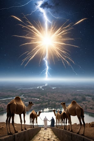 8K, UHD, low angle shot from feet-level, photo-realistic, cinematic, (first-person perspective:1.1) dessert pyramid fully-covered in seamless smooth white marble, pure gold capstone, canal of water across, lightning sparks emitting from top, egyptians in robes and hoodie walking towards, camels feeding, perfect lighting, stunning view, dim skies, constellations clearly seen in skies, cosmic alignment 