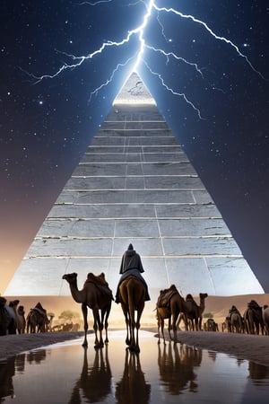 8K, UHD, low angle shot from feet-level, photo-realistic, cinematic, (first-person perspective:1.1), (perfectly smooth pyramidal shape:1.2) pyramid fully-covered in smooth white marble, pure fine gold top cap , canal of water across, lightning sparks emitting from top, dessert, holy men in robes and hoodie walking on ground, camels feeding, perfect lighting, stunning view, dim skies, constellations clearly seen in skies, cosmic alignment 