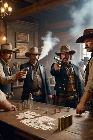 8K, UHD, wide angle shot, photo-realistic, cinematic, masterpiece, perfect lighting, wild wild west shot, sheriff pointing revolver at group of fat thugs drinking, shiny silver pistols, shooting crooks, bullets flying, gambling cards, old west, crooks, Spurs, gun fights, gloomy sandstorm, western bar